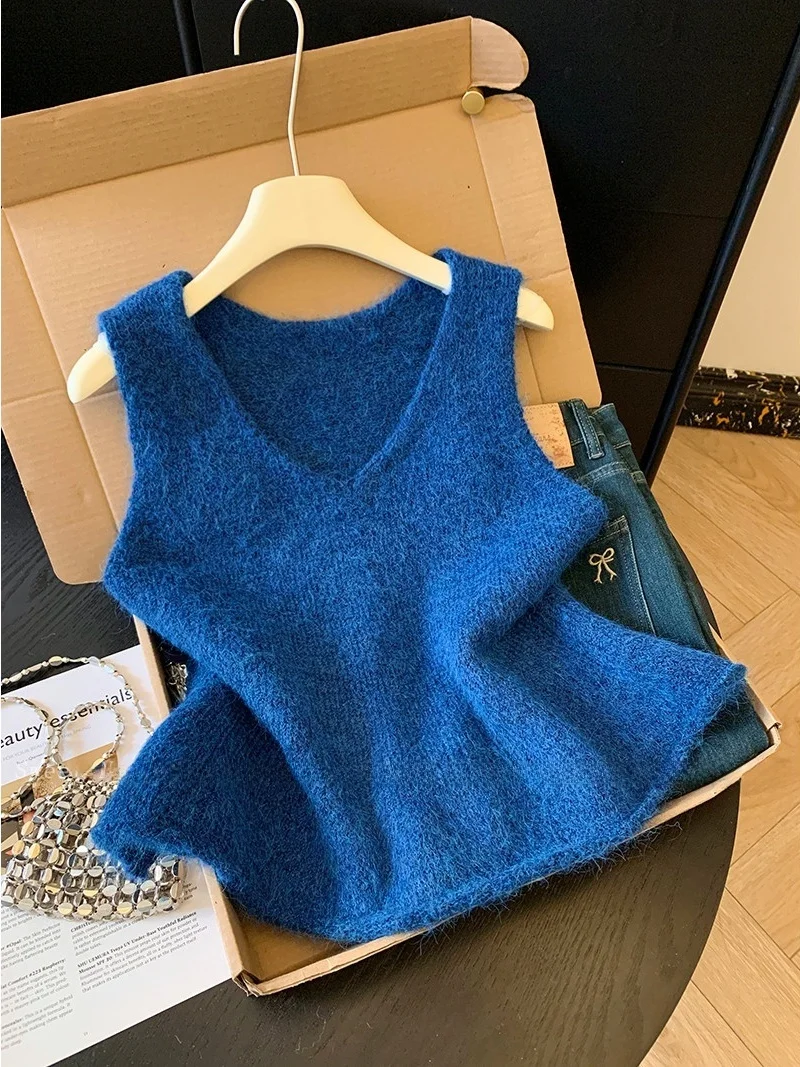 

Весенне-осенний простой универсальный вязаный свитер с V-образным вырезом, облегающий, однотонный, без рукавов, женский топ