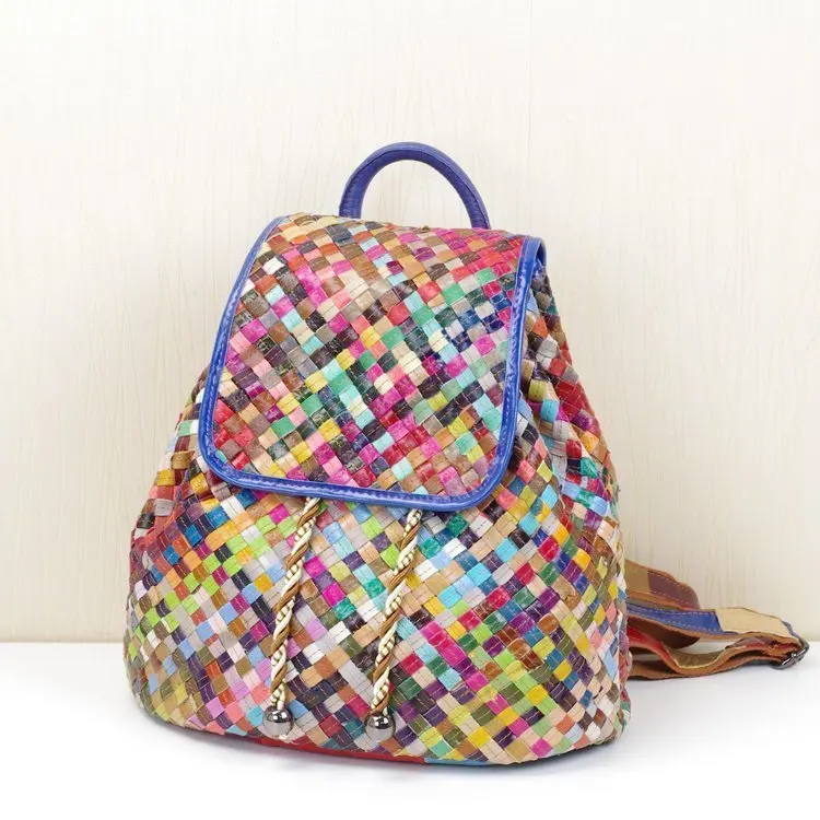 2024 New Leisure Leather Woven Double Shoulder Bag Commuter Large Capacity Backpack Soft Bucket Shape Casual Stripe Color Block