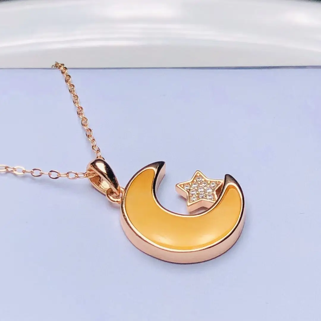 معتمد 925 الفضة الطبيعية البلطيق العنبر الدب/خنزير قلادة قلادة 18K الذهب سميكة مطلي القمر/نجمة غير يتلاشى الاطفال مجوهرات