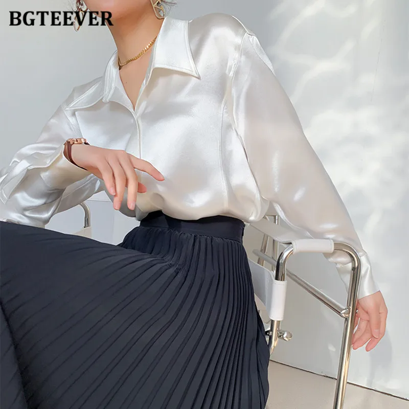 BGTEEVER Autumn Satin Shirts for Women Single-breasted Loose Blouses Female Turn-down Collar Full Sleeve Ladies Shirts Elegant