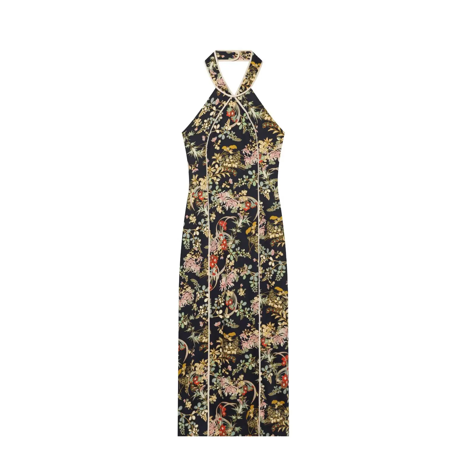 BSAY 2026 Herbst Damenkleid mit Neckholder-Ausschnitt, Kontrastfarben und gerollten Kanten, ärmellos, schmal geschnitten, mittellanger Rock – Detail 2