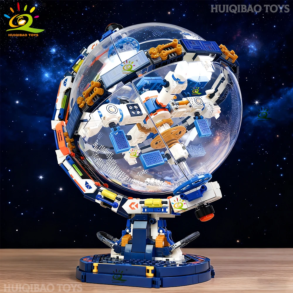 HUIQIBAO DIY Space Station Transparent Globe Astronomy Model Building Blocks Technology Bricks Ornament Toys for Adult Gift