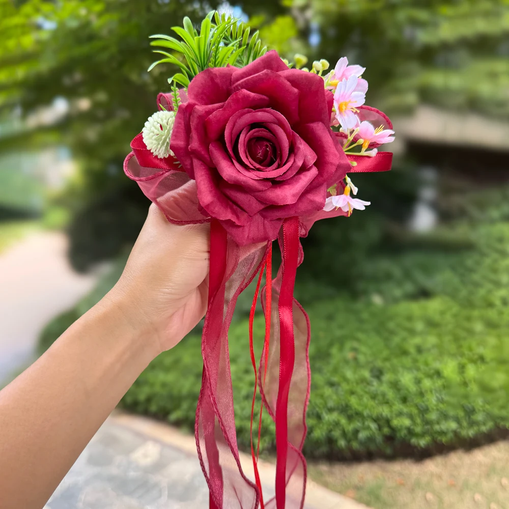 Große Rosenblume mit gekräuselten Rändern und Saugnapf, künstliche Blumendekoration für Hochzeitsauto-Rückspiegel, Party-Gang-Stuhl-Dekoration – Detail 5