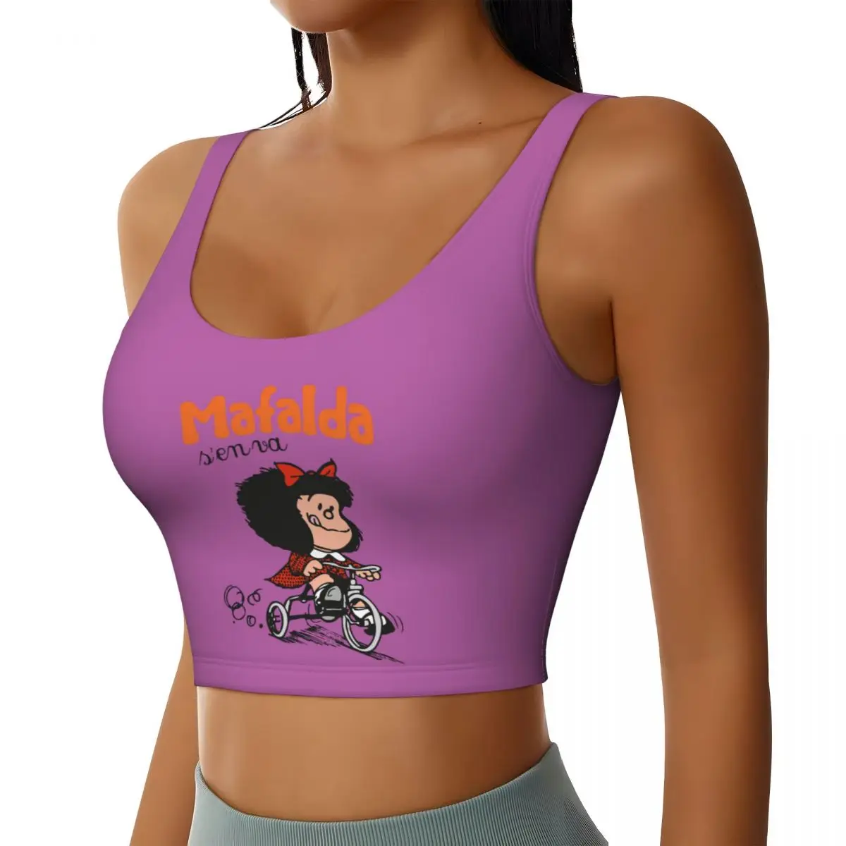 Custom High Impact Kawaii Mafalda Riding A Bike Sports Bra for Women Quino Comic Cartoon Gym Workout Yoga Crop Top