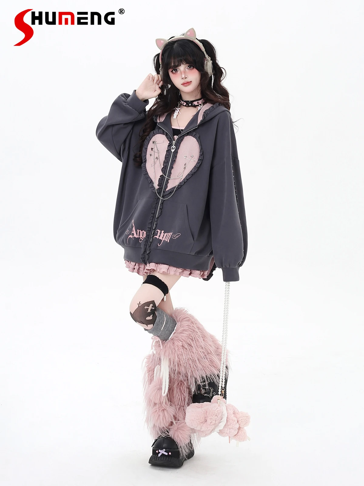 

Original Japanese Subculture Sweet Cool Girl Hoodies Tops Heart Patchwork Rabbit Ear Loose Casual Sweatshirt Jacket Women Autumn