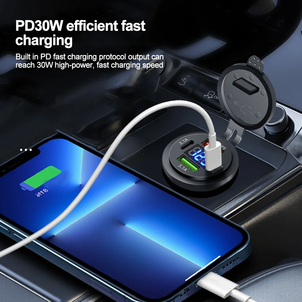 83W PD30W Fast Charging 22.5W USB Type C 4 Ports Car Charger Socket with Voltmeter Power Outlet Adapter for 12V/24V RV Car Boat