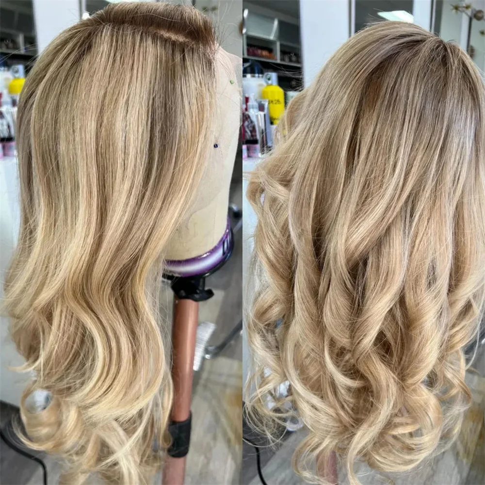 Highlight Honey Blonde Futura Wig Dark Roots Loose Wave Synthetic Lace Front Wig Realistic Look Balayage Glueless Wig Daily Wear