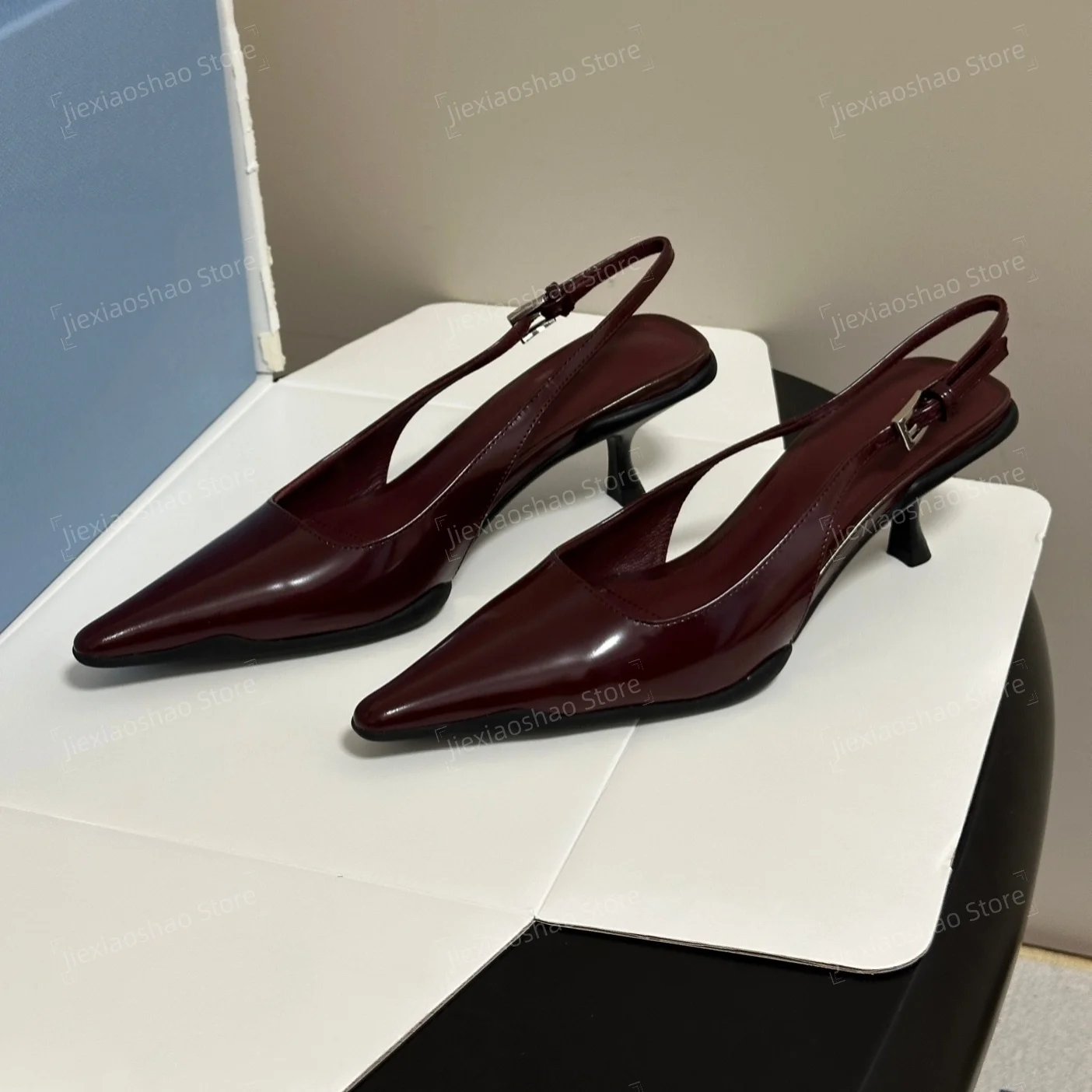 New Arrival Handmade Genuine Leather Pointed-Toe Kitten Heel Slingback Woman Sandals Dress Pumps Mary Janes Banquet Botas Mujer