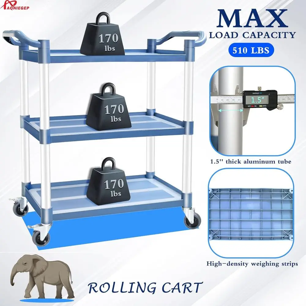 Carrinho de cozinha com rolamento de 3 camadas para serviço pesado, capacidade de 510 libras, rodas com fechadura, montagem sem ferramentas, cinza para uso em restaurante e escritório