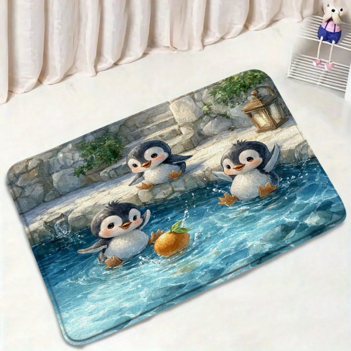 Cute Penguin Bath Rug Non Slip Washable Bathtub Mat, Fading Resistant Durable Base For Bathroom Entrance Kitchen Indoor