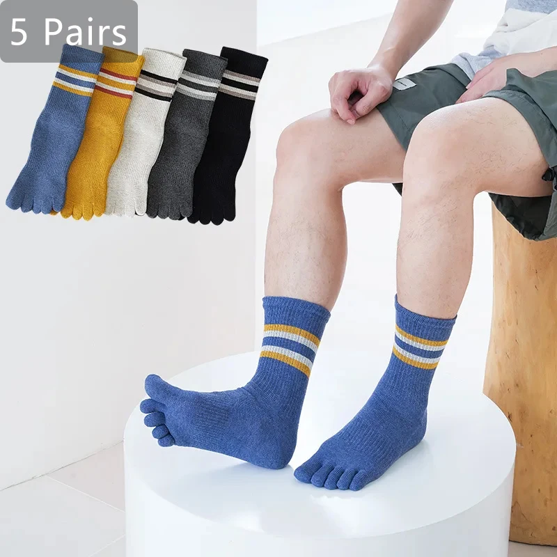 5 Pairs Man Short Socks Toe Sport Compression Cotton Striped Thick Sweat-Absorbing Elastic Endurable Fitness Toe Socks 4 Seasons