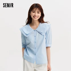 Semir Short-Sleeved Shirt Female Large Lapel Blouse Playful Gentle Literary Temperament Summer Cotton Shirt Simple Versatile