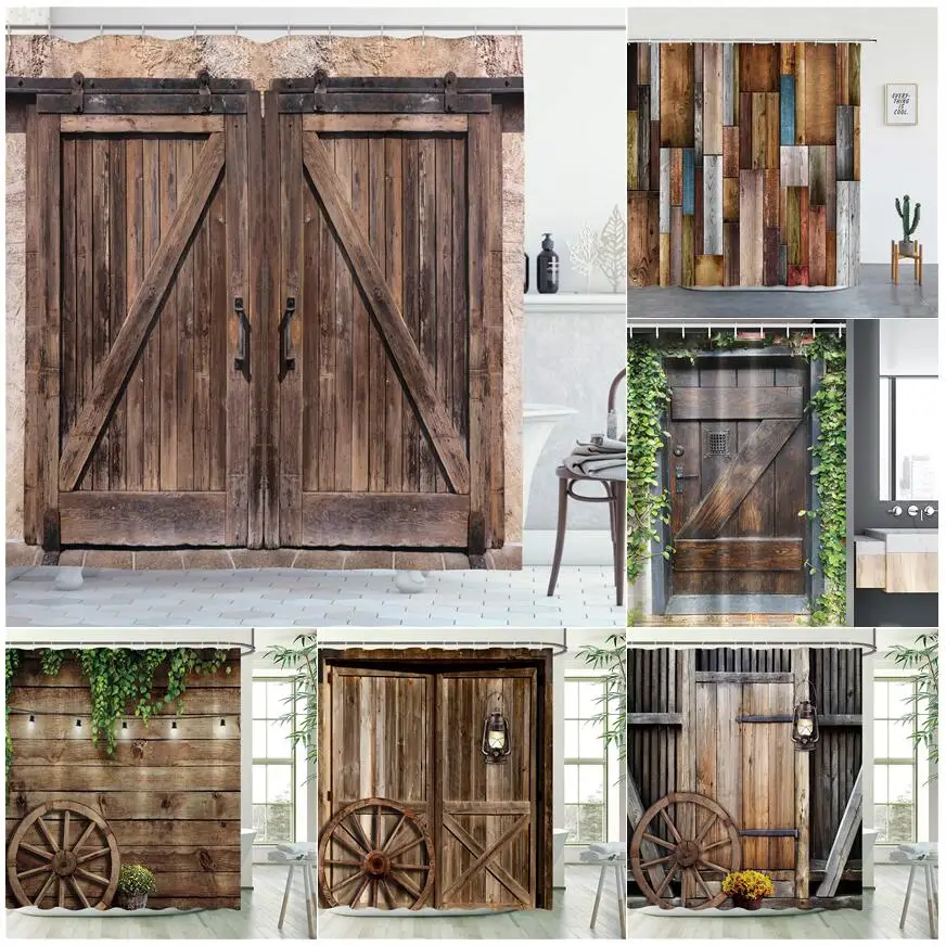 Rustic Shower Curtains Wooden Barn Door in Stone Farmhouse Image Vintage Desgin Rural Art Architecture Fabric Bathroom Decor Set