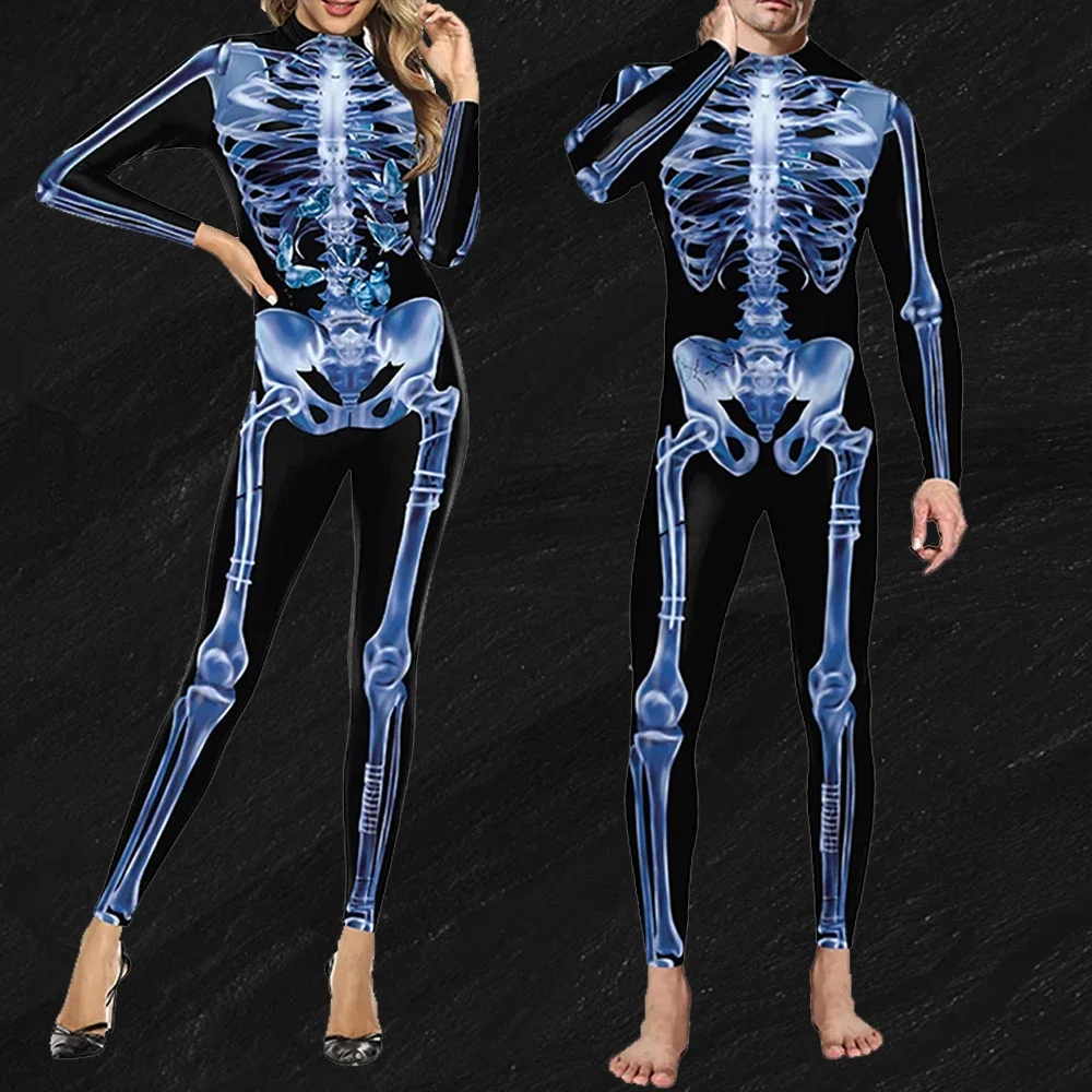 

Blue X-ray Skeleton Printing Halloween Cosplay Costume Men Women Holiday Party Catsuit Couple Scary Jumpsuit Disguise Bodysuit