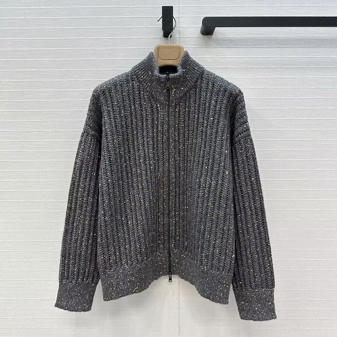 

Gray Color Yarn Knitted Sequins Embroidery Loose Lazy Style Sweater Women Stand Collar Long Sleeve Zipper Cashmere Cardigans