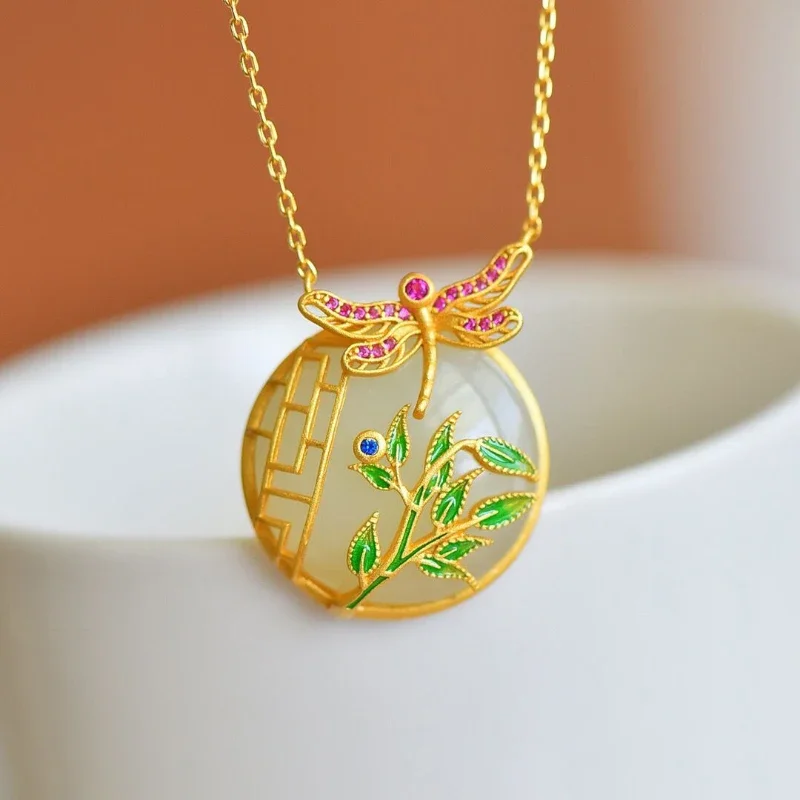 Natural white jade round pendant silver ancient method gold craft ancient rhyme palace style enamel leaf necklace jewelry