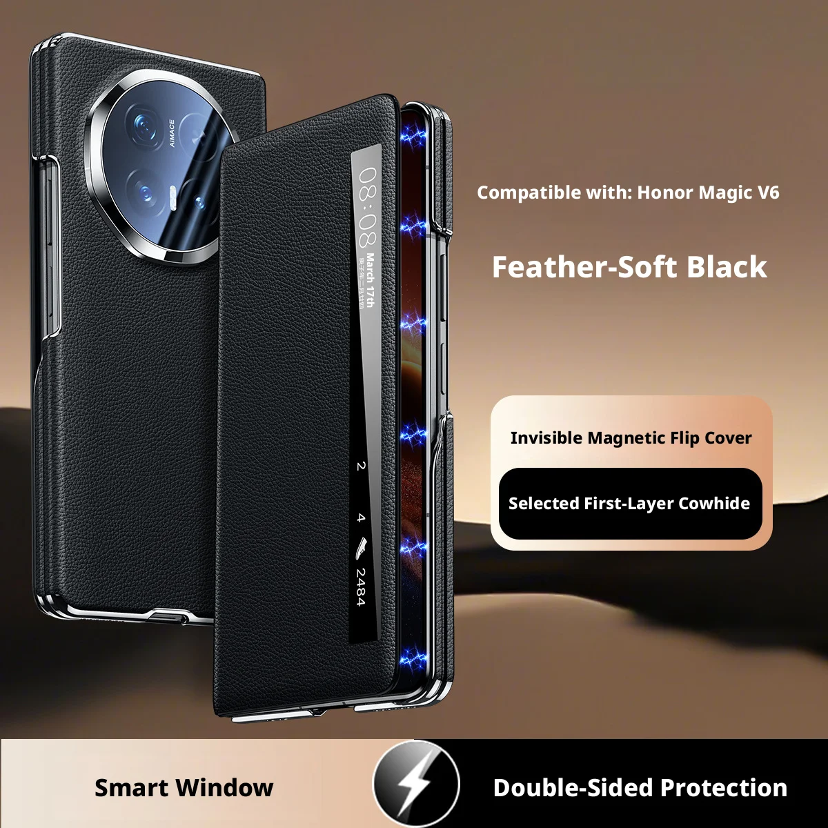 Premium Pebble Grain Genuine Leather Case For Honor Magic V6 Smart Window Electroplated Frame Hinge Full Lens Protection Cover