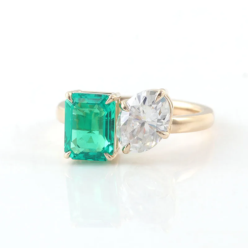 Provence wedding band 14K Solid Gold EF/VS IGI Oval cut Lab Diamonds toi et moi rings for women Emerald cut Lab Gemstones Custom