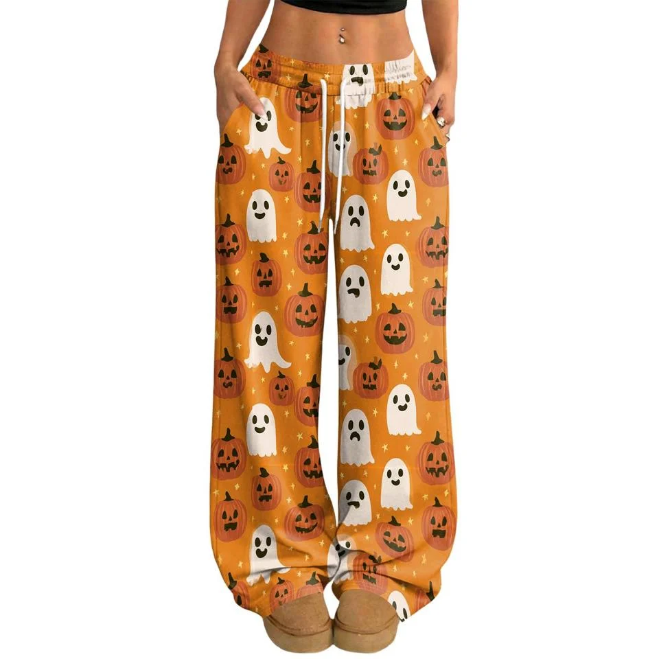 Halloween Jack O Lantern Pumpkin Print Wide Leg Pants Drawstring Elastic Waist Loose Party Trousers Unisex