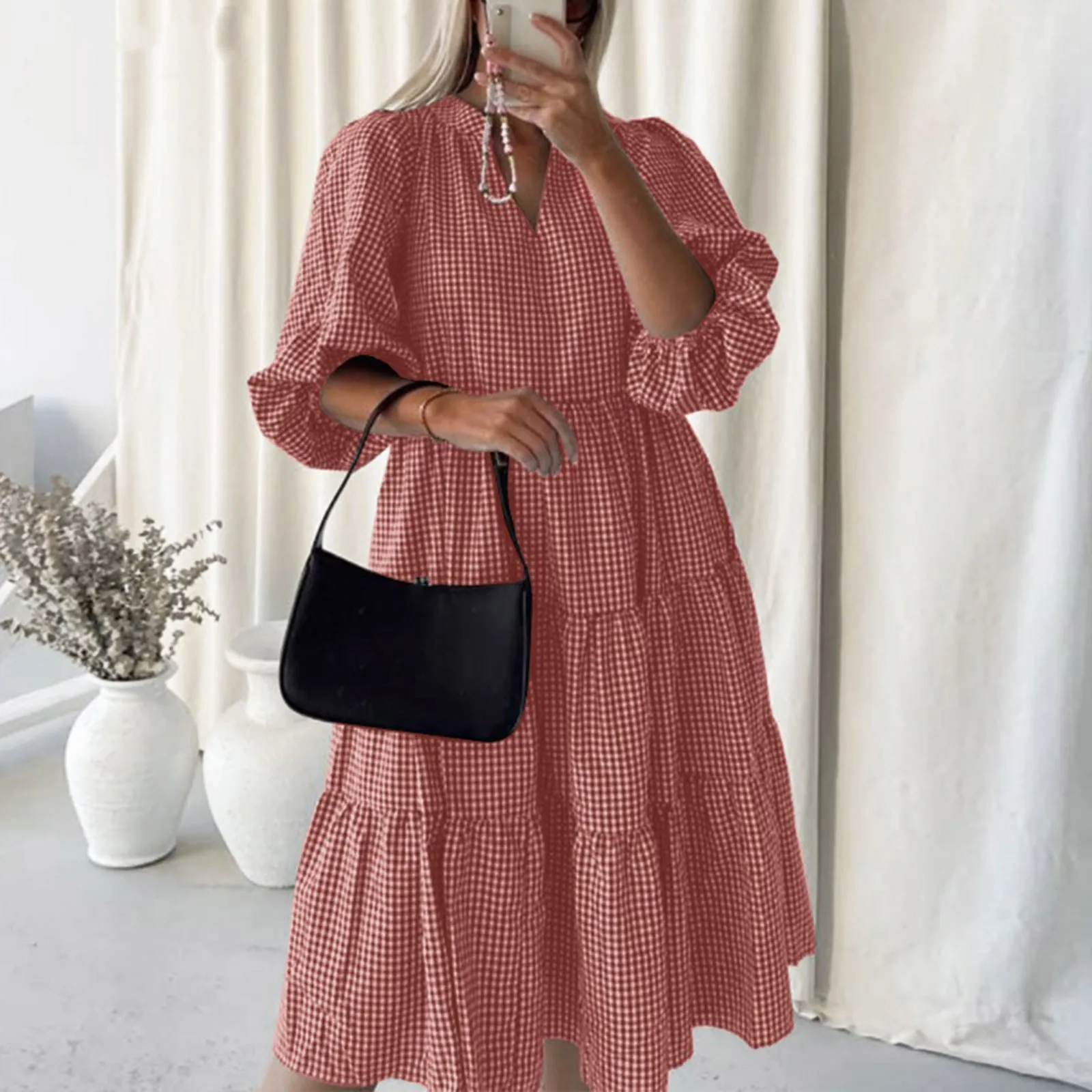 

Vintage Summer Plaid Dress Lantern Sleeve Mid-Calf Dress Beach Bohemian Women's Summer Sundress Casual Vestidos Oversized