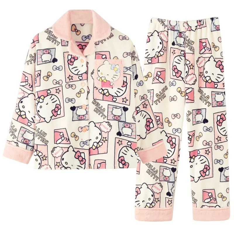 Sanrio ฤดูหนาว Hello Kitty น่ารักชุดนอนสตรี Pacha สุนัขการ์ตูน lapel cardigan หนาขนแกะปะการัง loungewear ชุด