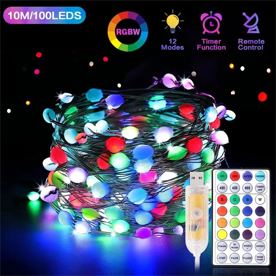 RGB Christmas Tree Fairy Lights, guirlanda impermeável, USB String Lights para festa de casamento, decoração de férias, remoto 16 cores, 10 m, 20m,