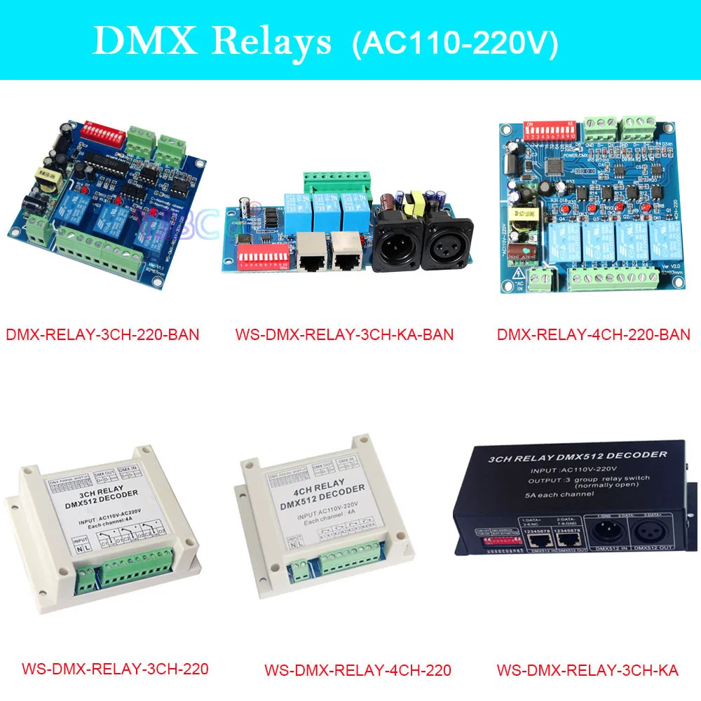 

110V 220V AC High Voltage 3 CH 4 CH Channels DMX512 Decoder Relays LED RGB RGBW Controller XRL RJ45 Relay switch For Lamp Light