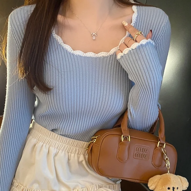 

Женский базовый топ, новый популярный трикотажный топ с низким круглым вырезом, уникальный свитер, который можно носить как верхнюю одежду.