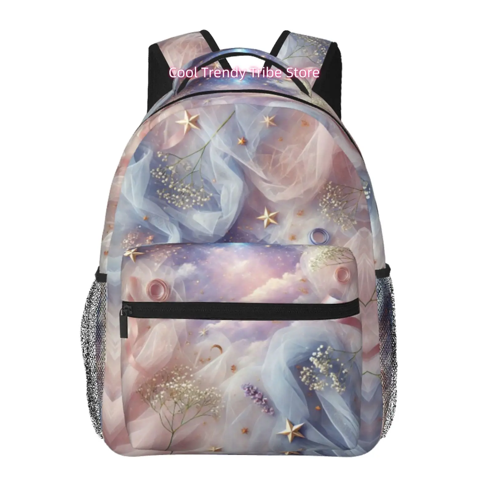 Pastel Pink and Purple Tulle with Stars Print Backpack, Oxford Cloth Adjustable Strap Casual Daypack, for Daily Commute, Weekend