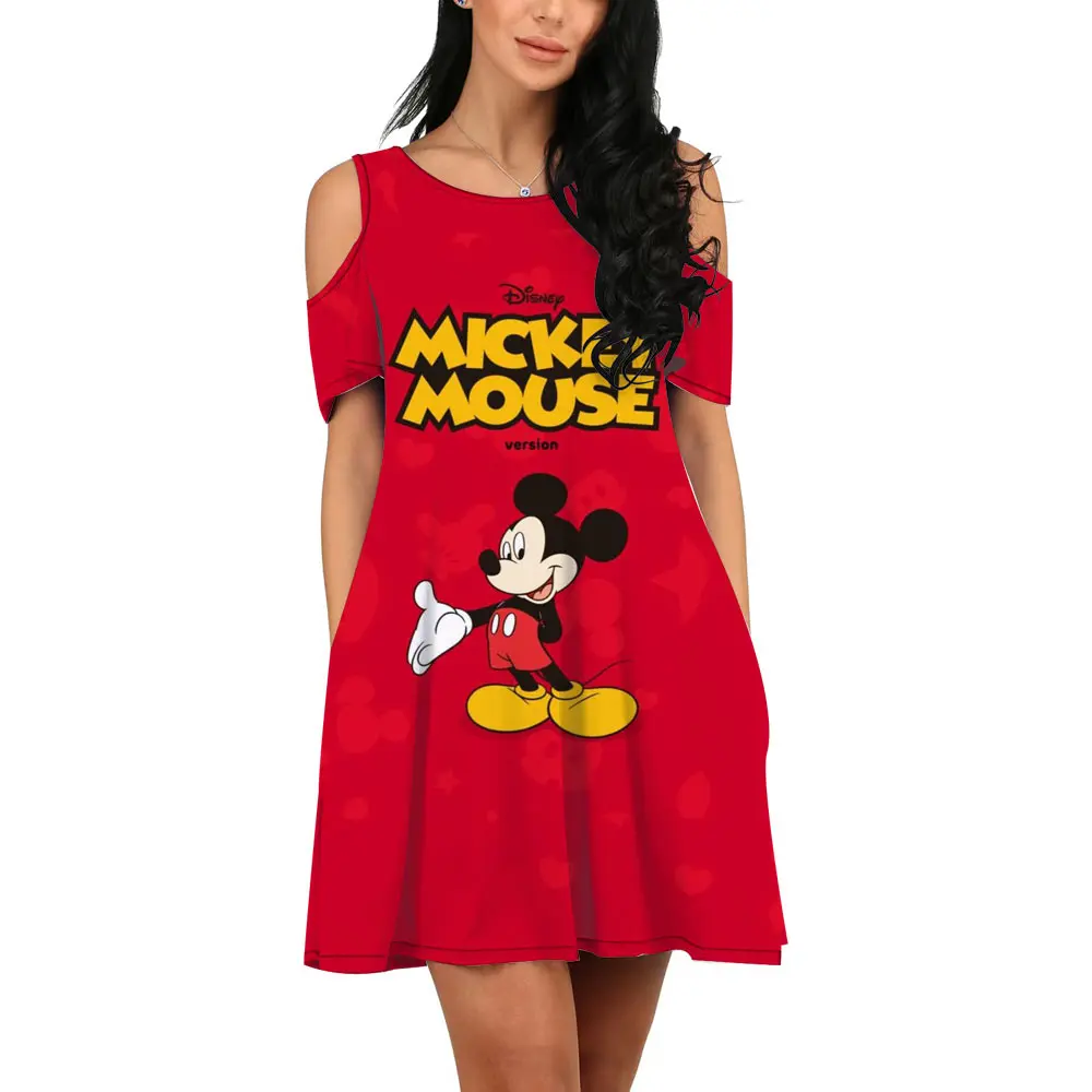 Summer 2022 Streetwear Disney Brand Dumbo Mickey and Minnie Anime New Ladies Casual O Neck 3D Print Sexy Off Shoulder Dress y2k