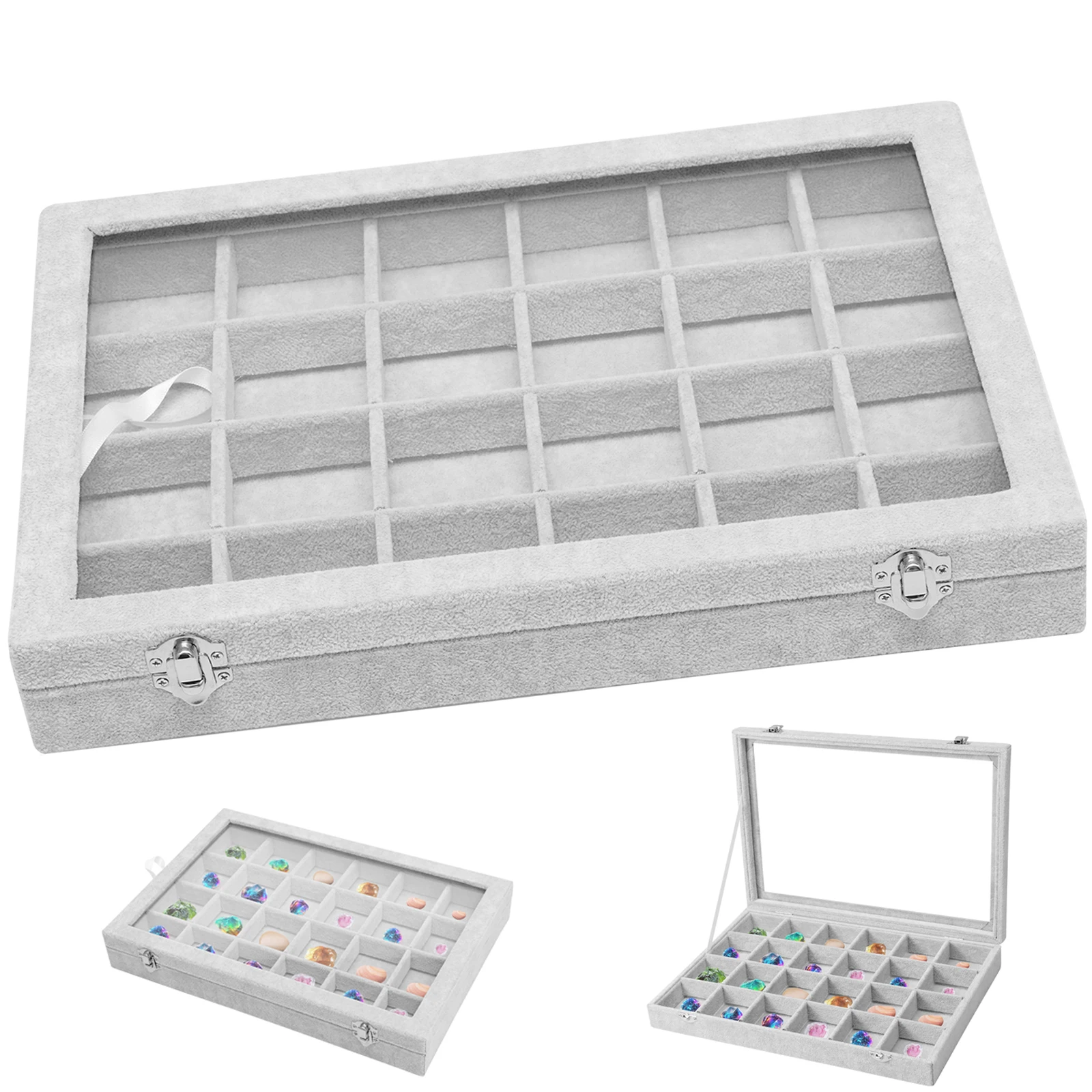 

24 Grid Rock Display Case With Metal Lock Clear Glass Lid Multipurpose Gemstone Collection Case Display Organizer