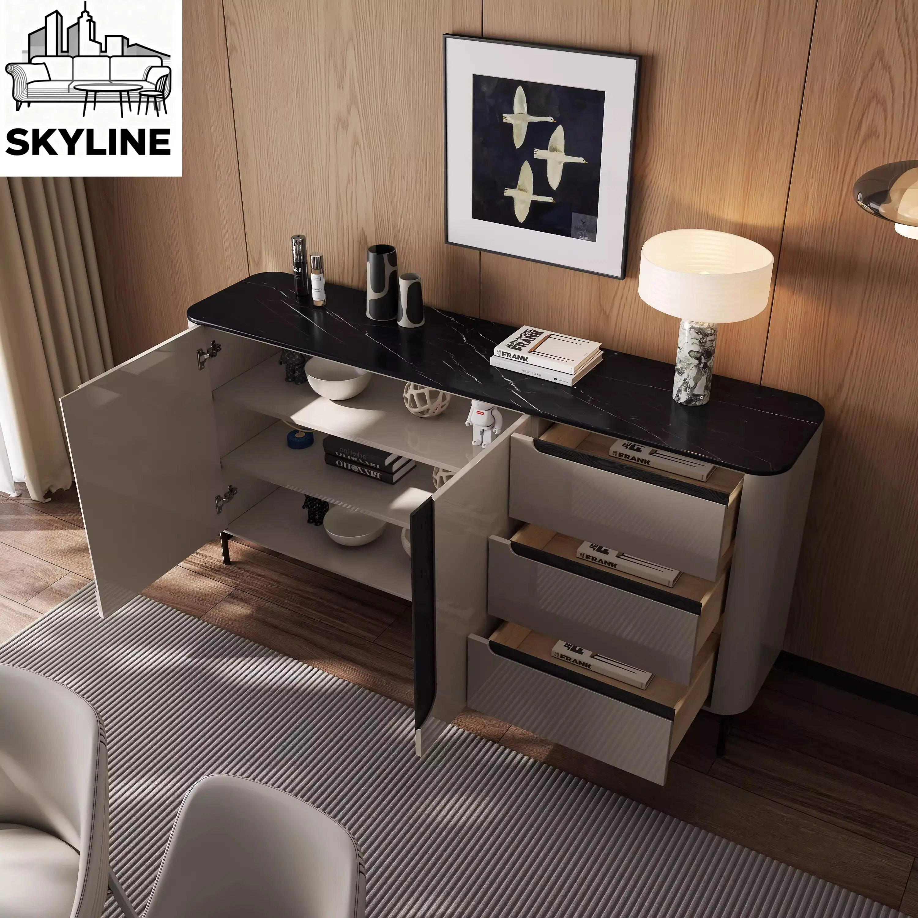 Italian Minimalist Sideboard Cabinet, Multifunctional Storage Console with Drawers for Entryway