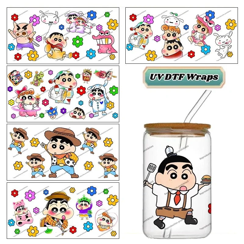 Cute Crayon Shin-chan UV DTF Cup Wrap Stickers Waterproof No Heat Transfer Vivid Print For 16oz Libbey Glass Can Anime Decal