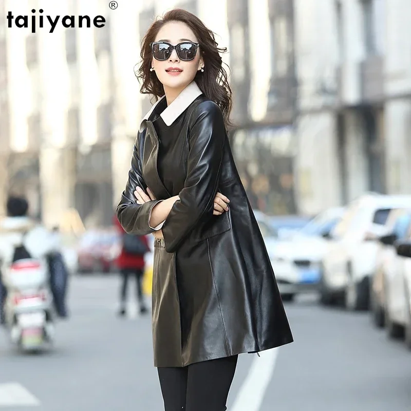 

Tajiyane 100% Real Sheepskin Leather Trench Coat for Women Fall Winter Elegant Leather Jacket Mid-length Chaqueta De Cuero Mujer