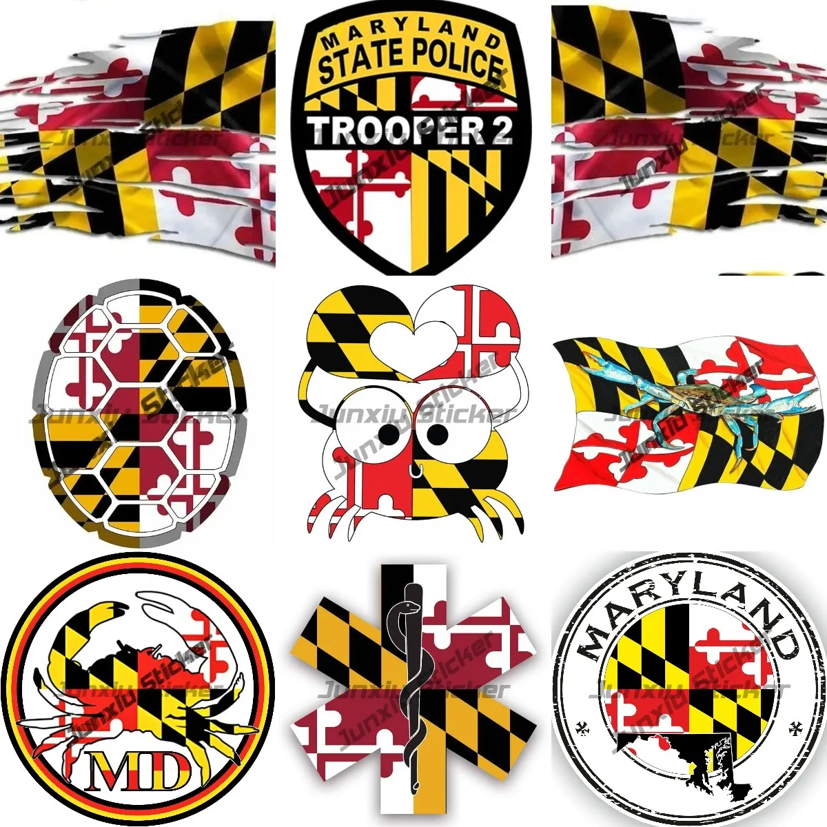 

Maryland Star of Life Flag Sticker Maryland Round Seal Crab Shaped Flag Map with Heart Vehicle Decal UV Protected Accessories