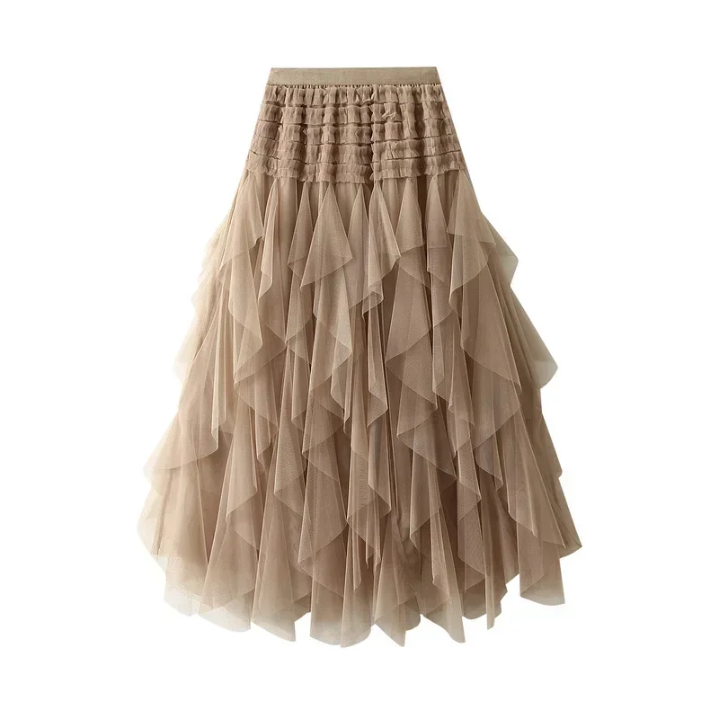 

Women Fairy Tutu Mesh Skirt Elegant Elastic Waist Long A-line Tulle Irregular Cake Skirt for All Season