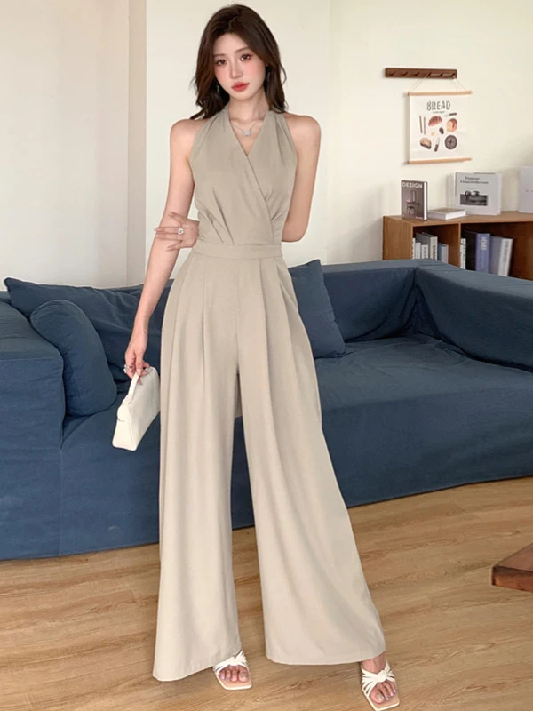 

Ele High-Waist One-Piece Rer Ne Hanging Summer Slimming Women's Faion Commute Sle Long Pants Polyester Fiber