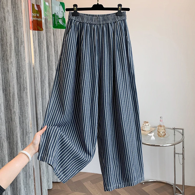 

Summer New Style Loose Fit Blue Stripe Casual Pants Women's Long Trousers Thin Cotton Natural Waist Fashionable Artistic