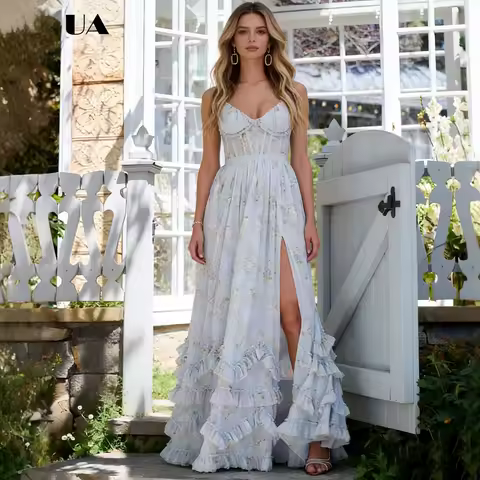 ULBYANRY A-line Ruffled Printed Chiffon Prom Dress with Spaghetti Strap Romantic Slit Lace-up Evening Dress Draped Party Gown