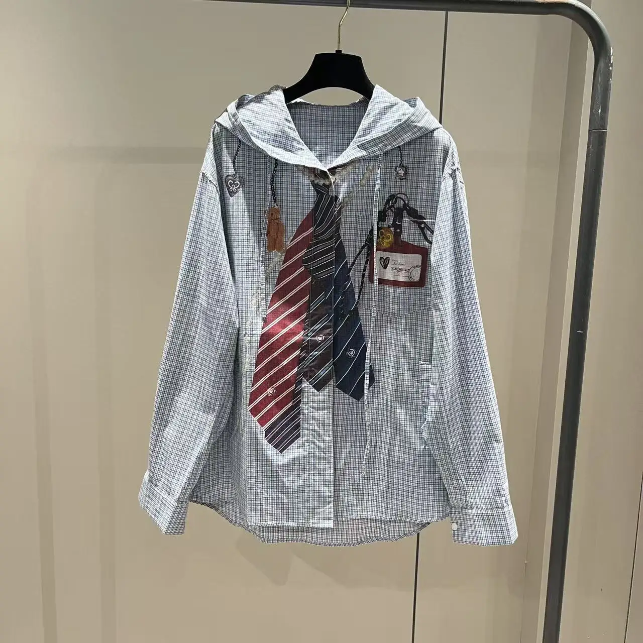 

2025 Autumn Winter New Korean Japanese Casual Polo Shirt Women Fashion Hooded Embroidery Tie Plaid Shirt