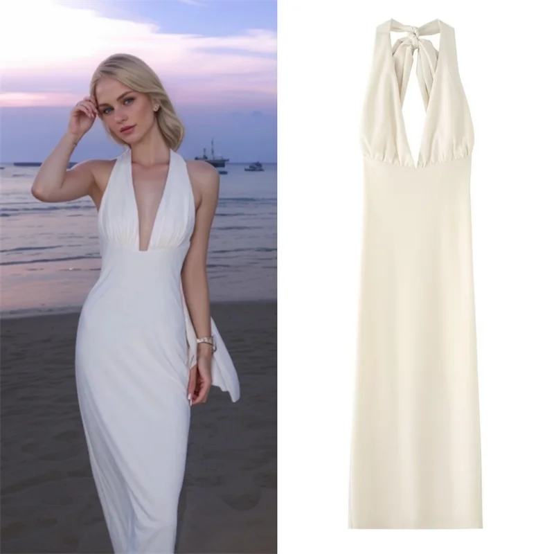 

Women's Dress New Summer 2025 White Halterneck Collar Midi Dress Sexy Deep V-Neck Open Back Design Elegant temperament