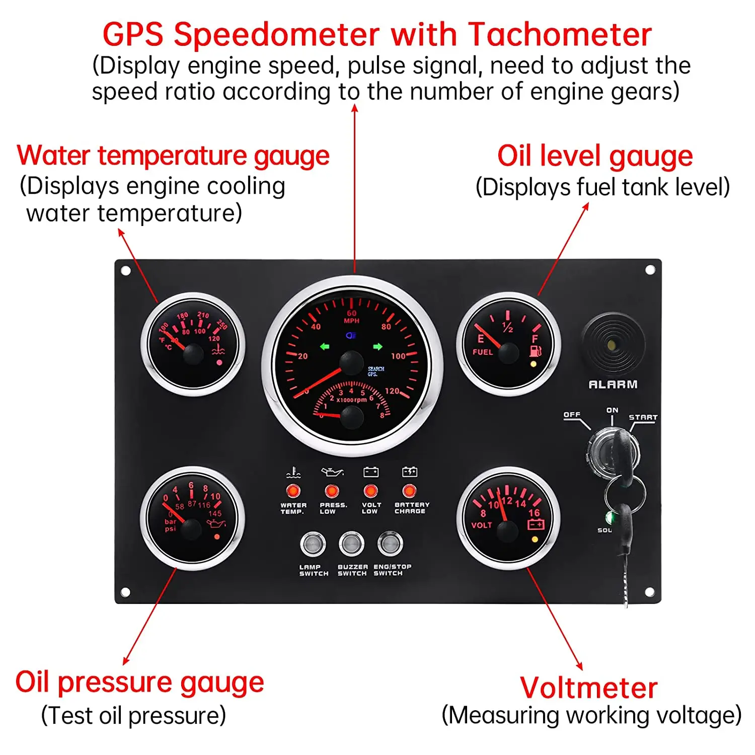12V Red LED 5-Gauge Cluster Instrument Panel New Condition Analog Display for Marine Boat Car Compatible with Oil Gauge Set