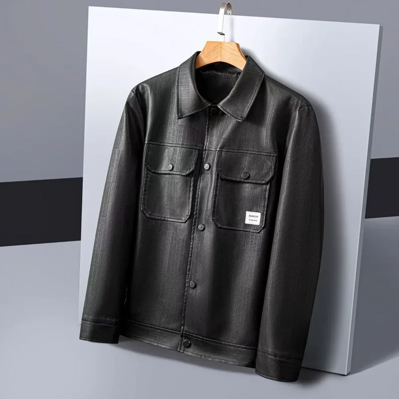

2025 Spring Autumn New Men's PU Jackets Casual Motorcycle Jackets Vintage Single Breasted Fashion Lapel Spliced Pockets Coat