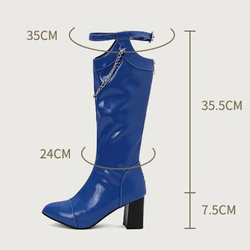 

ORCHALISA Дизайнерские женские сапоги до колена с острым носком на блочном каблуке 7,5 см, декор с цепочкой, размер 46, 47, 48, модные ботильоны