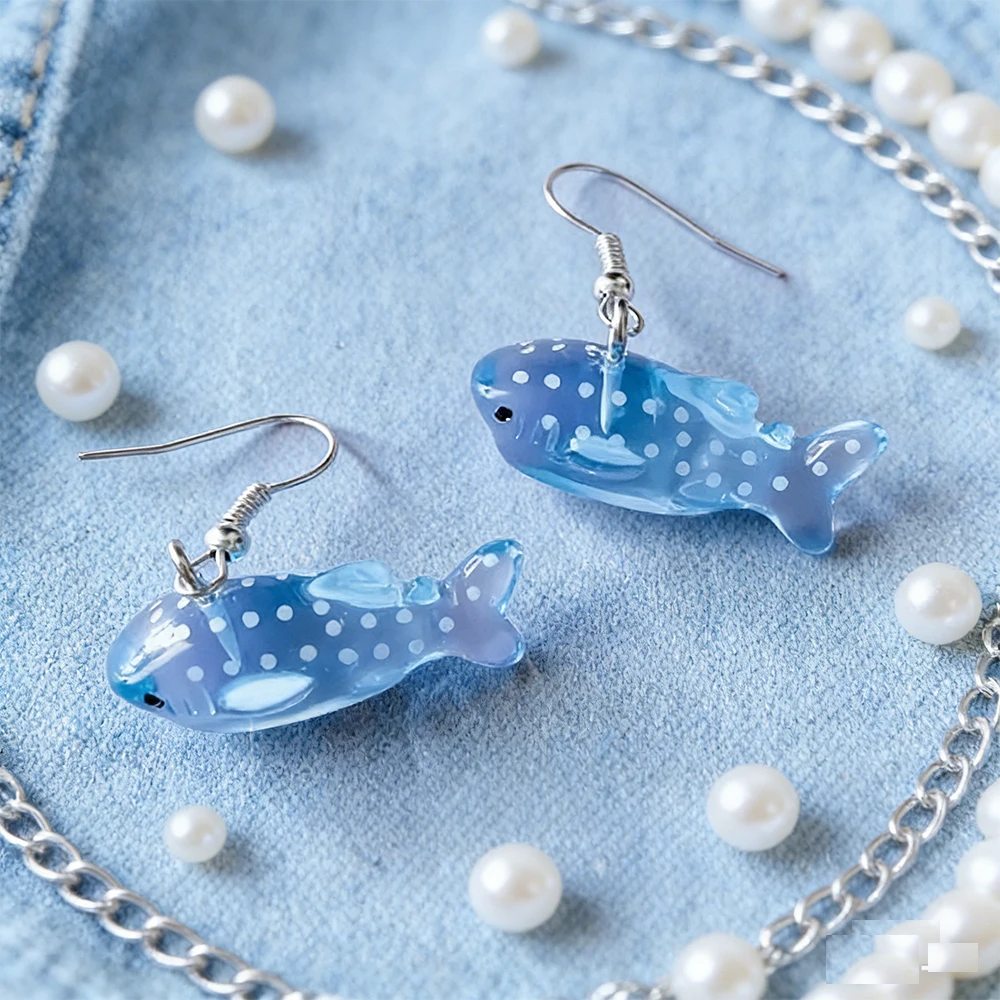 Handmade Sea Blue Polka Dot Whale Shark Earrings Kawaii Cute Design for Casual Wear Simple Gift Jewelry