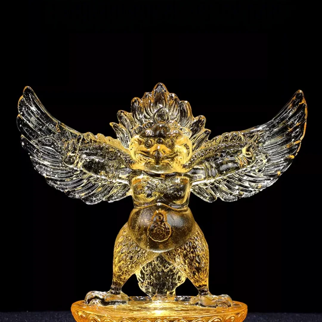10cm amber coloured glass Dapeng golden winged bird desktop Buddha supplies