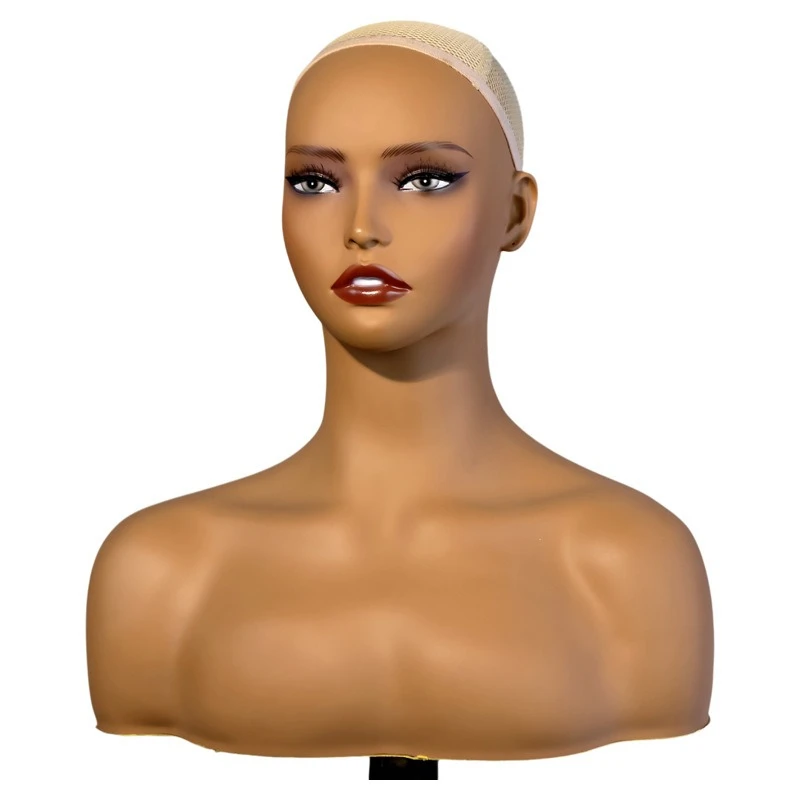 Black skin tone PVC women's head mold wig display European and American double shoulder half body head mold African