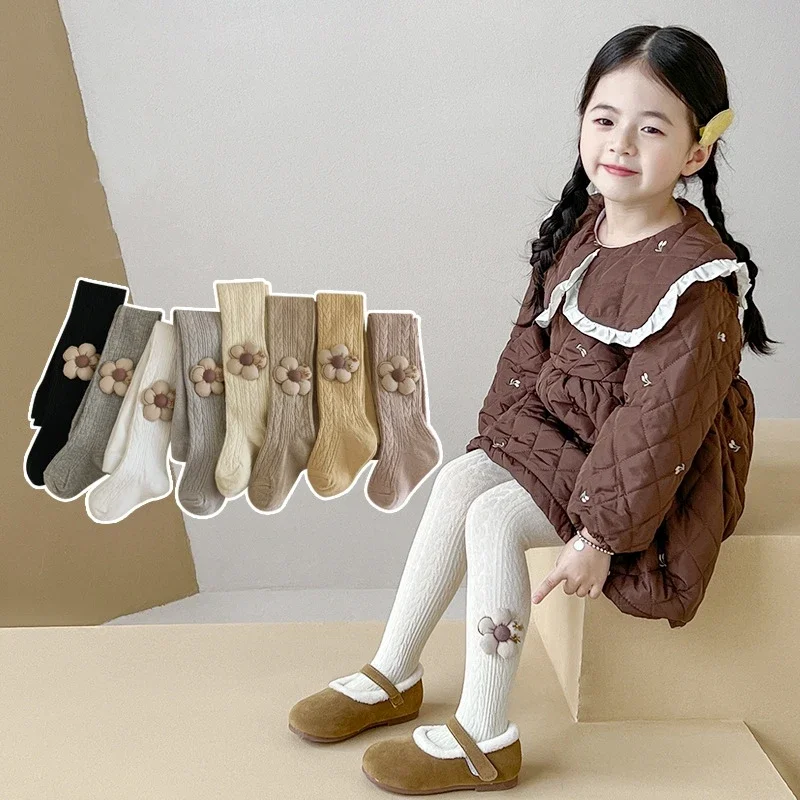 Spring Autumn Baby Girls School Student Uniform Pantyhose Pants Leggings Tights Flower Kids Children Stretch Knitting Trousers