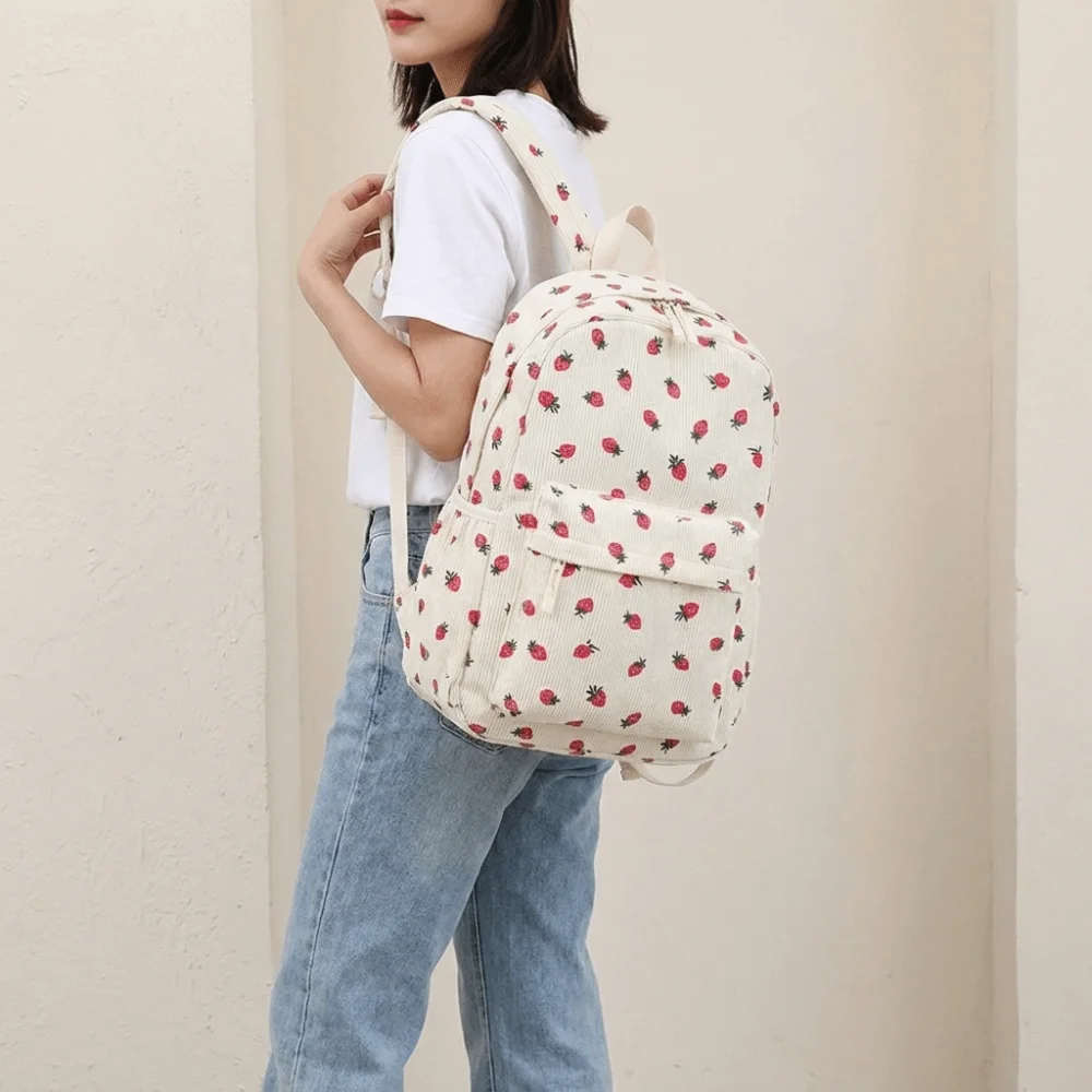 Strawberry Corduroy Backpack Lightweight Solid Color Students School Bag Portable Large Capacity Students Daypack Women