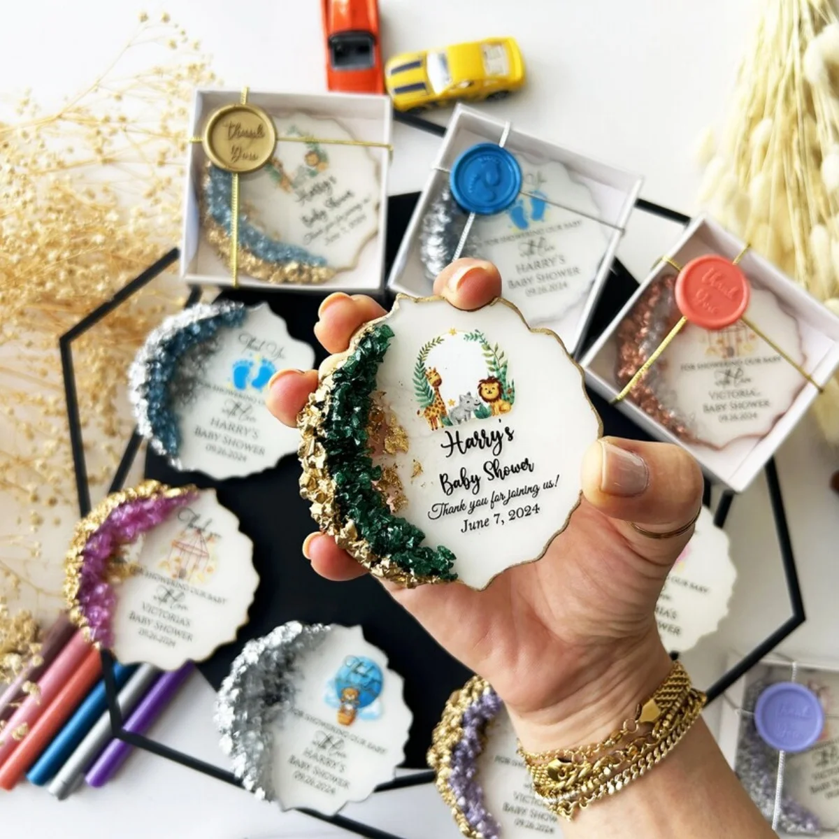 Custom  Resin Magnet Baby Shower Favors: Safari, Boho, Rustic, gender reveal, keepsake, thank you